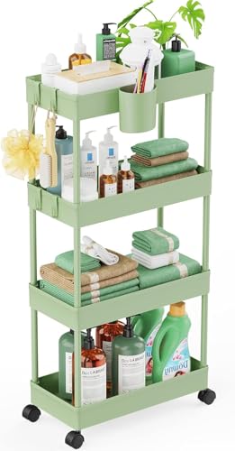 LEHOM Slim Rolling Storage Cart - 4 Tiers Bathroom Organizer Utility Cart | Slide Out Storage Shelves Mobile Shelving Unit for Kitchen, Bedroom, Office, Laundry Room, Small Narrow Spaces (7.1" W+Green) - color: Light Bean Green
