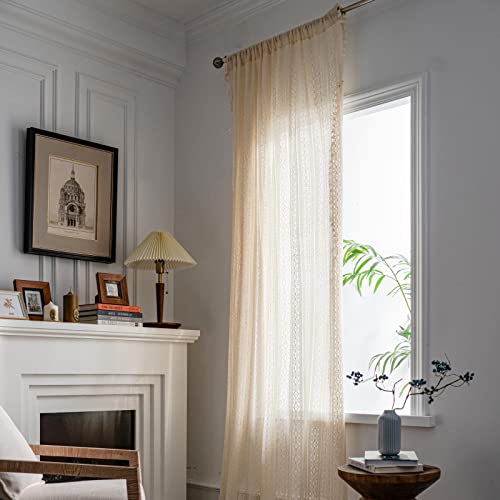 Deeprove Boho Sheer Lace Crochet Curtain 84 Inches Long, Beige Florals Knitting with Handmade Tassels,Macrame Bohemian Farmhouse Window Treatment Drape for Bedroom, Rod Pocket 1 Panel 59" x 84" - color: Beige Crochet 02, size: 59"W x 84"L (Pack of 1)