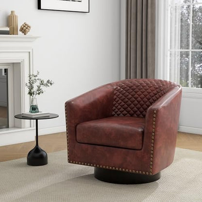 Faux Leather Swivel Accent Chair, Modern Barrel Club Chair, Red Brown | Comfy Living Room Chair, Modern Nailhead Trim Round Armchair Bedroom Reading Seat with Removable Cushion, Wood Frame - color: Red Brown