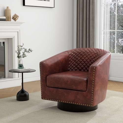 Faux Leather Swivel Accent Chair, Modern Barrel Club Chair, Red Brown | Comfy Living Room Chair, Modern Nailhead Trim Round Armchair Bedroom Reading Seat with Removable Cushion, Wood Frame - color: Red Brown