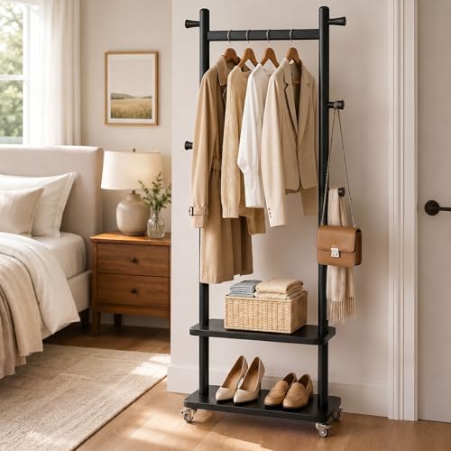 Coat Rack Freestanding Solid Wood Clothes Rack with Wheels | Space Saving, Stable 5 Hooks 2 Shelves Coat Tree, Silent 360 Degree Wheels, Heavy Duty 150 lb Capacity for Entryway Bedroom - color: Black, size: L: 23.6" x W: 11.8" x H: 70.9" (With Wheels)