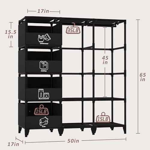 Portable Closet, Easy Assembly, Large Capacity Wardrobe Closet | Sturdy and Stable Clothes Rack with Shelves 4 Storage Baskets and 2 Hanging Rods, for Bedroom and Cloakroom 50 In Black - color: Black