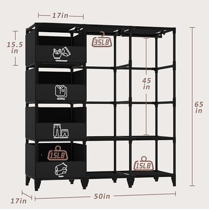 Portable Closet, Easy Assembly, Large Capacity Wardrobe Closet | Sturdy and Stable Clothes Rack with Shelves 4 Storage Baskets and 2 Hanging Rods, for Bedroom and Cloakroom 50 In Black - color: Black