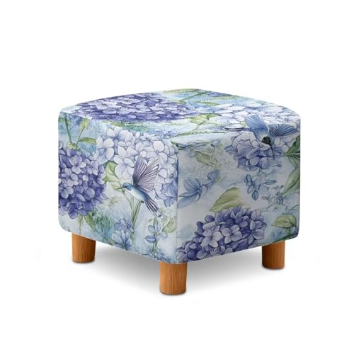Hummingbird Hydrangea Print Ottoman Cover, Stretch Square Ottoman Slipcovers Machine Washable Foot Stool Cover for Living Room, Folding Storage Furniture Protector - color: Hummingbird Hydrangea