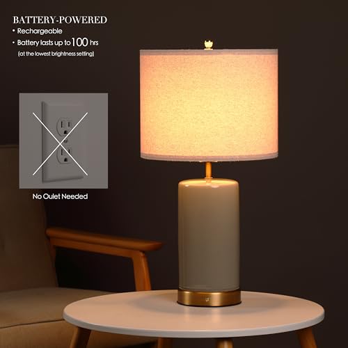 O’Bright Dune - Battery Powered Table Lamp, Rechargeable Cordless Ceramic Lamp, Full-Size 24 Inch Height, 4-Level Dimming, Smart Safety Protection, Type-C Fast Charging, LED Bulb Included, Stone Grey - color: Stone Grey, size: 24-inch