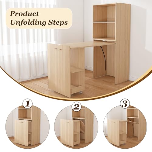 HRVEOCEI Bamboo Fold Out Desk with Storage, Mid Century Hideaway Desk for Small Spaces, Folding Computer Desk for Home Office Bedroom Apartment, Space Saving (Natural Wood) - color: Natural Wood