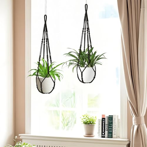 LEWESU Macrame Plant Hanger Indoor Set of 2 with 4 Hooks, Indoor Outdoor Hanging Planter for Plants Holder with Decorative Wood Beads & No Tassels, Boho Home Decor, 35 Inch Black (Pots Not Included) - color: Black, size: 35" Set of 2