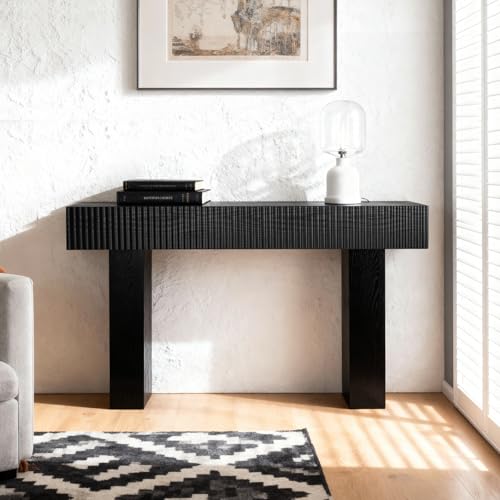 ZYBT 56" Long Fluted Console Table, Boho Vanity Desk Wooden Narrow Sofa Table Behind The Couch, Farmhouse Entryway Table for Entrance, Hallway,Living Room,Bedroom, Home Office Black - color: Black