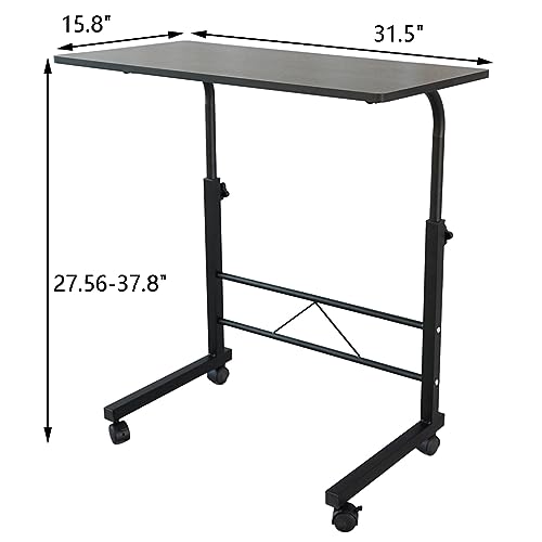 Sofa Side Table C Shaped End Table with Wheels, Black Rolling Bedside Laptop Table Snack Table TV Tray, Height Adjustable, Wooden Top & Metal Frame - color: Black, 31.5"-style 2