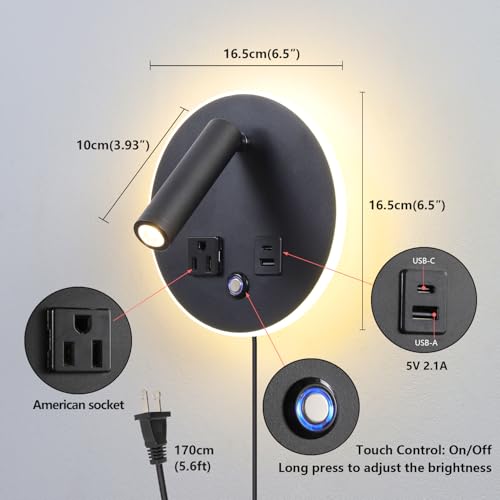 LED Round Wall Sconce with Dimmable Light, 6W+3W 3000K Night Light, Adjustable Plug-in Headboard Lamp with USB & USB-C Ports, Bedside Reading Light for Bedroom(Black) - color: Black