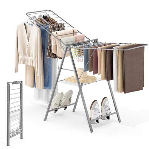 6 Height Adjustable Clothes Drying Rack with Shoe Slots, Grey | Pre-Assembled, Stable Load Structure, 22 Drying Rails, Foldable Space-Saving For Efficient Indoor & Outdoor Airflow Drying - color: Gray