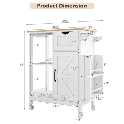 Small Kitchen Island Cart with Storage Cabinet | Rolling Microwave Table with Adjustable Shelf, Spice Rack, Towel Rack, Drawer, Portable for Kitchen Dining Room Home Bar