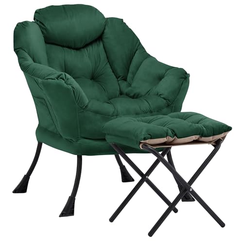 Lazy Chair with Ottoman, Comfy Reading Chair, Emerald Green | Cushioned Seat with Foldable Ottoman and Side Pocket, Lounge Chair for Bedroom, Living Room, Dorm and Small Spaces - color: Emerald Green