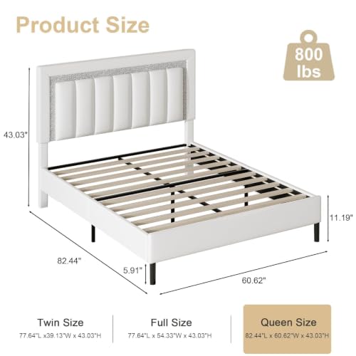 HOMBCK Queen Bed Frame with Headboard, Bed Frame Queen Size with Wooden Slats Support, Diamond Vertical Stripe Design, Mattress Foundation, No Box Spring Needed, White - color: White, size: Queen