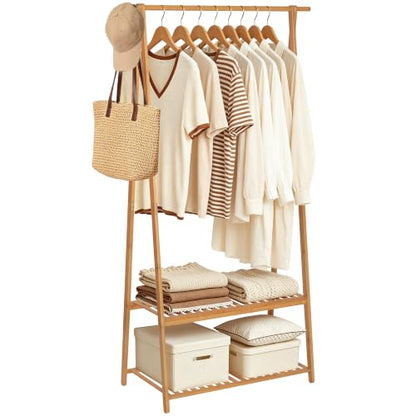 Bamboo Clothing Rack with Shelves, Wood Garment Rack for Hanging Clothes | Small Space Corner Clothes Hanger Rack with 2 Hooks,Freestanding Open Wardrobe Closet Rack in Bedroom,Entryway,Apartment - size: 2-Tier,60.5" Tall