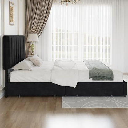 VECELO King Size Bed Frame with 4 Storage Drawers, Adjustable Height Headboard, Heavy-Duty Bedframe with Strong Wooden Slats, No Box Spring Needed, Black - color: Black, size: King, style: Bed Frame With Drawers