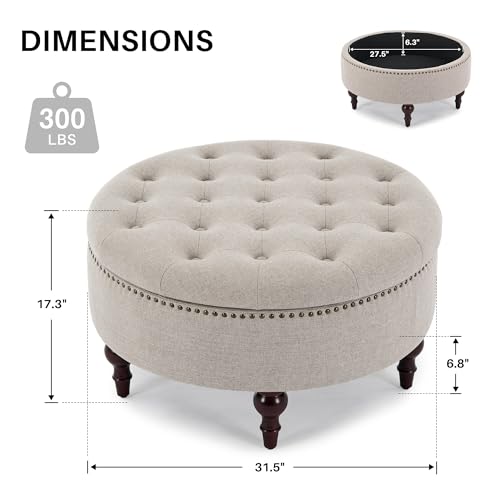 31.5"Large Round Storage Ottoman, Tufted Linen Ottoman Coffee Table | Upholstered Large Ottoman Footrest With Solid Wooden Legs and Nailheads for Living Room Bedroom Office, Light Khaki - color: Light Khaki