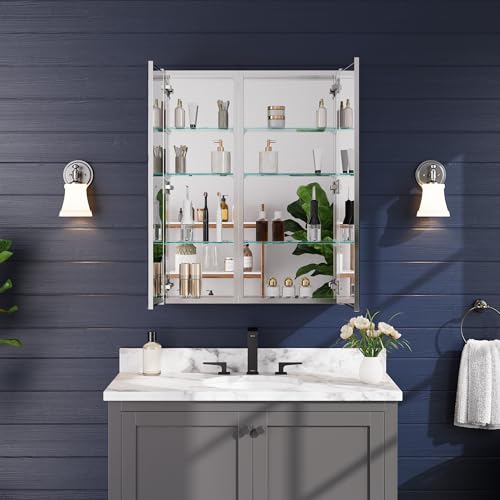 28"x36" Medicine Cabinet with Mirror & Soft Close Hinges, Surface Mount or Recessed Medicine Cabinet with Adjustable Shelves, Bathroom Wall Medicine Cabinet with Storage, Aluminum Alloy Frame, Combo - size: 28" x 36"