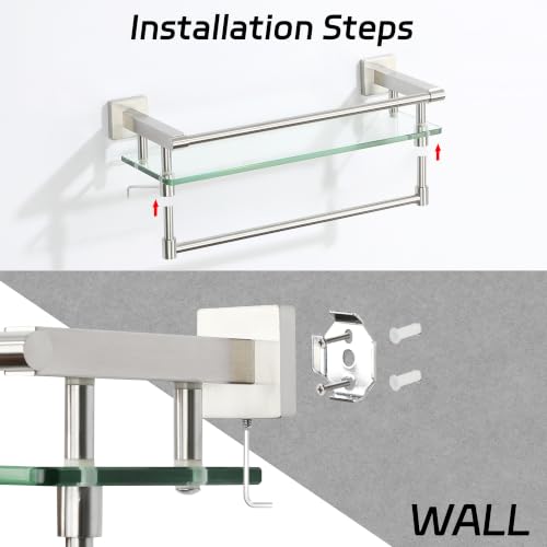 Alise Bathroom Shelf with Towel Bar, 20 Inch Brushed Nickel Glass Shelf | Floating Glass Shelves for Bathroom Wall, Tempered Glass, SUS304 Stainless Steel - color: Brushed Nickel, size: 20 In