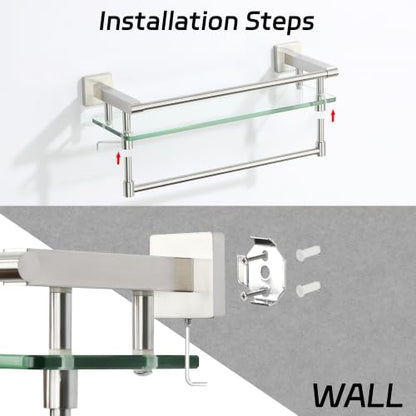 Alise Bathroom Shelf with Towel Bar, 20 Inch Brushed Nickel Glass Shelf | Floating Glass Shelves for Bathroom Wall, Tempered Glass, SUS304 Stainless Steel - color: Brushed Nickel, size: 20 In