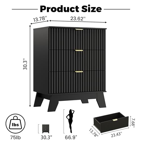 Night Stand Set 2, Bedside Table & End Table, Mid Century Modern Fluted Wood Nightstand with 3 Drawers & Metal Handles, Farmhouse Nightstand for Bedroom, Black - color: Black, style: 3 Drawers-2 PCS