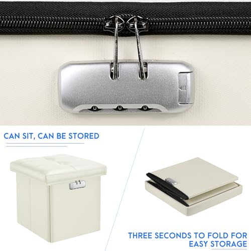 Tamfile Small Ottoman with Storage, 13 x 13 x 13 inch Fireproof Safe Folding Ottoman with Lock for Important Documents, Waterproof Foot Rest Stool with Storage, Ottoman Foot Rest with Handle, Beige