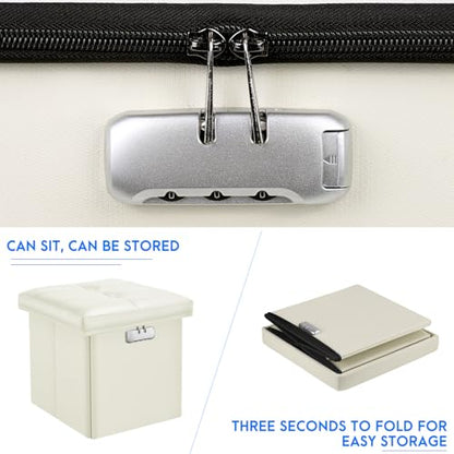Tamfile Small Ottoman with Storage, 13 x 13 x 13 inch Fireproof Safe Folding Ottoman with Lock for Important Documents, Waterproof Foot Rest Stool with Storage, Ottoman Foot Rest with Handle, Beige