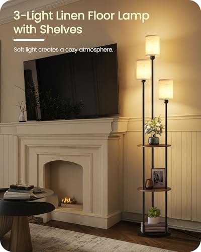 70.9" Floor Lamp with Shelves, Modern Floor Lamp with 3 Linen Shades and Foot Switch, 3-Light Standing Lamp, for Living Room, Bedroom, Study, Office, Rustic Brown and Beige EF53LD05 - color: Rustic Brown + Beige