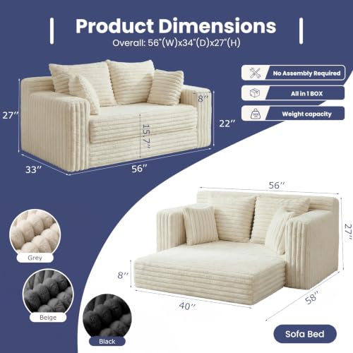 3-in-1 Convertible Sofa Bed: Boneless Loveseat Sleeper & Folding Couch Bed with 4 Pillows & Detachable Cushion,Furry Futon Couch for Bedroom,Apartment,Office and Living Room, No Assembly,Beige - color: D-beige, size: Loveseat Sofa