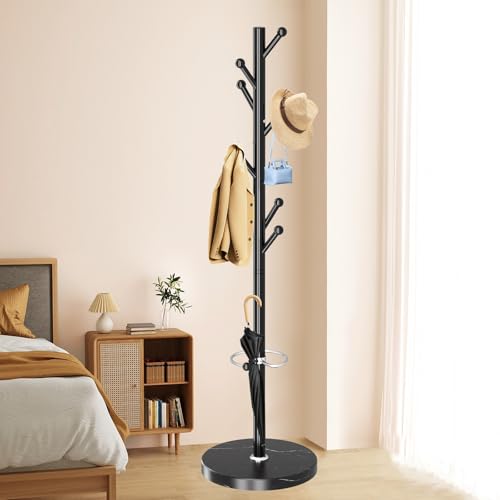 OIRUMIE Coat Rack,Metal Coat Rack Frestanding,Black Coat Stand for Entryway | Coat Rack Stand with Marble Base & Umbrella Holder,Modern Coat Hanger Stand,Coat Clothes Tree Stand for Hallway - color: Black-8 Hooks