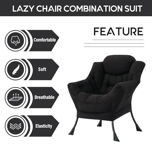 Lazy Chair with Ottoman, Comfy Accent Reading Chair, Black | Foldable Footrest,Removable Cover,with Armrests and Side Pockets,Upholstered Lounge Chair for Bedroom,Dorm,Office,Small Space - color: Single Black