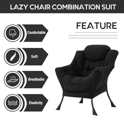 Lazy Chair with Ottoman, Comfy Accent Reading Chair, Black | Foldable Footrest,Removable Cover,with Armrests and Side Pockets,Upholstered Lounge Chair for Bedroom,Dorm,Office,Small Space - color: Single Black
