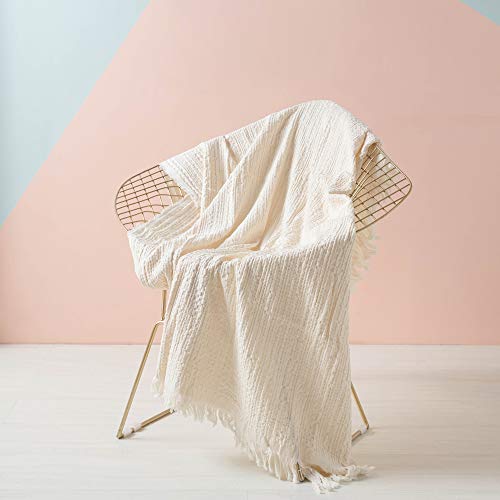 Simple&Opulence 100% Cotton Throw Blanket for Couch, Bed, Waffle Weave Cable Knit Blanket with Tassels, Soft Lightweight Pre-Washed Breathable Cozy Blanket Farmhouse Decoration for All-Season (White) - color: White