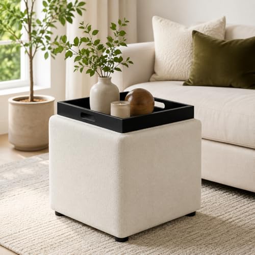 Storage Square Ottoman with Tray, Small Fabric Foot Rest Stool Cube, Coffee Table for Dorm Living Room Bedroom, White - color: White