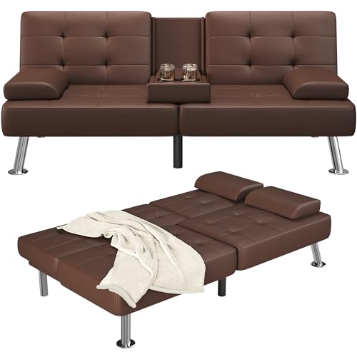 Furmax Leather Futon Sofa Bed, Adjustable Futon Couch for Living Room | Sleeper Sofa Bed with 2 Cup Holders, Reclining Futon Loveseat for Apartment, Business Office & Small Spaces | Brown - color: Brown