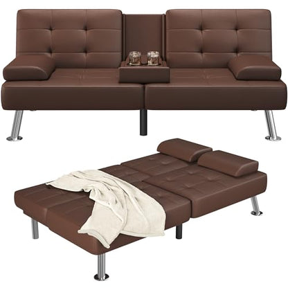 Furmax Leather Futon Sofa Bed, Adjustable Futon Couch for Living Room | Sleeper Sofa Bed with 2 Cup Holders, Reclining Futon Loveseat for Apartment, Business Office & Small Spaces | Brown - color: Brown