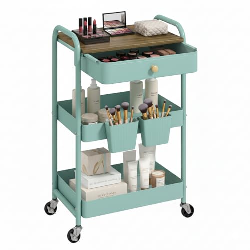 3 Tier Rolling Cart, All-in-One Art Cart Organizer on Wheels for Kitchen, Bathroom, Office, Laundry - color: Green