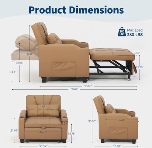 Sleeper Chair Pull Out Bed, 4 in 1 Convertible Sofa Chair Bed with Vibration Massage Lumbar Pillow, Single Sofa Recliner with USB/Type-C Port, Cup Holders and Side Pocket for Small Spaces (Brown) - color: Brown