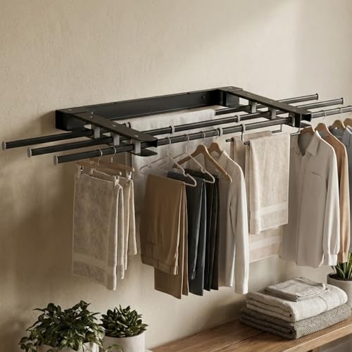 Wall Mounted Clothes Drying Rack Foldable for Bathroom, Retractable Space-Saving Laundry Hanger with Heavy Duty Carbon Steel Aluminum Frame, Indoor Storage Solution for Apartment Home