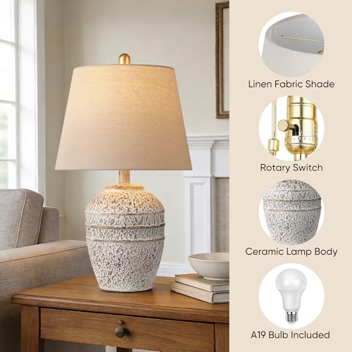 Farmhouse Ceramic Table Lamp, Natural Distressed Earth Tone Finish, Grey | Modern Bedside Lamp with Linen Shade, Rustic Table Lamp for Living Room, Bedroom Nightstands Dining Office