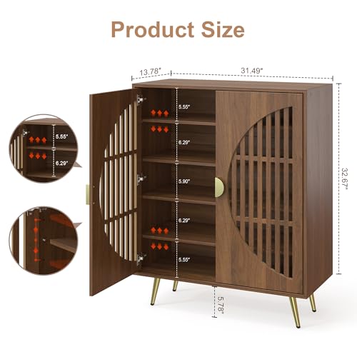 5-Tier Walnut Shoe Storage Cabinet with 2 Slatted Doors, Shoe Cupboard with Adjustable Shelves, Wooden Shoe Rack Organizer for Entryway, Hallway, Closet, Living Room - size: 13.78"D x 31.49"W x 32.67"H
