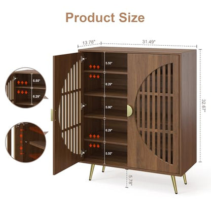 5-Tier Walnut Shoe Storage Cabinet with 2 Slatted Doors, Shoe Cupboard with Adjustable Shelves, Wooden Shoe Rack Organizer for Entryway, Hallway, Closet, Living Room - size: 13.78"D x 31.49"W x 32.67"H