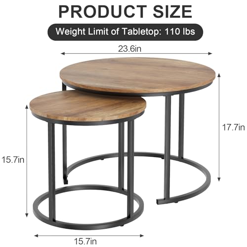 Nesting Coffee Table, 23.6" Round Coffee Table Set of 2, Wooden Nesting Table Set for with Metal Frame, Side Tables for Living Room Bedroom Balcony, Brown - color: Natural Brown
