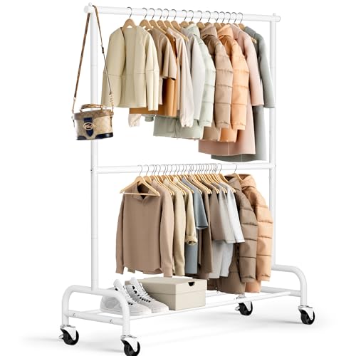 MISSLO Heavy Duty Clothing Racks for Hanging Clothes Rack Double Rod Garment Rack Rolling Closet Wardrobe Rack on Wheels, Metal, Adjustable, White - color: White
