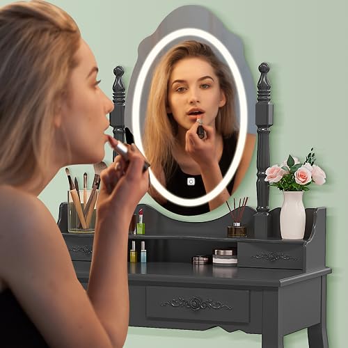 Vanity Desk with Mirror and Lights, Makeup Table with Cushioned Stool Set | Modern Vanity with 4 Drawers, 3 Color Lighting Modes with Adjustable Brightness, Dressing Table Set for Bedroom, Black Vanity - style: Black Vanity