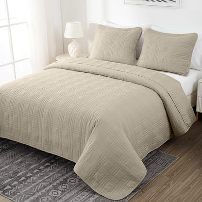 Chezmoi Collection Kingston Queen Size Bedspread Set, 3-Piece Khaki Oversized Quilted Microfiber Lightweight Bedspread Coverlet (100"x106") for All Seasons - color: Khaki, size: Queen