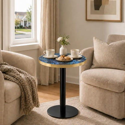 TesNus 23.6" Small Round Dining Table for 2, Circle Tulip Table, Faux Marble Top with Black Metal Pedestal Base, Modern Leisure Coffee Table for Small Spaces, Cafe, Office, Blue&Black - color: Blue Top&black Base
