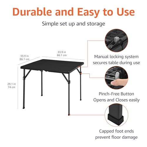 Amazon Basics 34 inch Portable Sturdy Folding Dining Table with Carrying Handle, Space Saving Storage, Square, 33.9 x 29.1 x 33.9 inch, Black | Folding