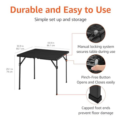 Amazon Basics 34 inch Portable Sturdy Folding Dining Table with Carrying Handle, Space Saving Storage, Square, 33.9 x 29.1 x 33.9 inch, Black | Folding