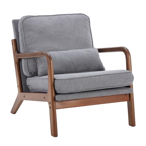 DUMOS Mid Century Modern Accent Chair, 16'' Seat Height Cozy Lounge Chair | Upholstered Armchair with Waist Cushion and Wood Frame for Living Room, Bedroom, Reading Nook, Balcony, Classic Grey - color: Classic Grey, size: 1 Pack